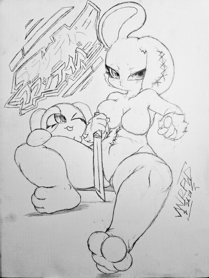 2024 2spot_studio animate_inanimate anthro blep bloody_bunny bloody_bunny_(series) doll duo female graphite_(artwork) hi_res holding_melee_weapon holding_object holding_sword holding_weapon japanese_text lagomorph leporid living_doll lying mammal melee_weapon mervophd monochrome mumu_(bloody_bunny) pencil_(artwork) rabbit signature stitch_(sewing) sword tagme text tongue tongue_out traditional_media_(artwork) weapon