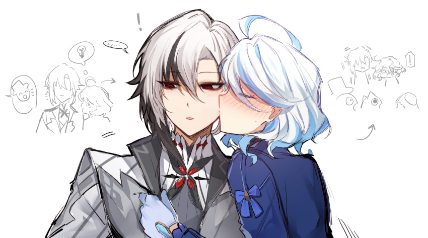 ! 2boys 3girls arlecchino_(genshin_impact) black_eyes black_hair blue_hair blue_jacket blush breasts closed_eyes coat commentary_request cowlick english_text freminet_(genshin_impact) furina_(genshin_impact) genshin_impact gloves highres jacket kissing kissing_cheek light_blue_hair light_bulb lynette_(genshin_impact) lyney_(genshin_impact) multicolored_hair multiple_boys multiple_girls notice_lines okutorinno red_pupils short_hair simple_background speech_bubble spoken_exclamation_mark spoken_light_bulb streaked_hair symbol-shaped_pupils thai_commentary two-tone_hair white_coat white_gloves white_hair x-shaped_pupils yuri