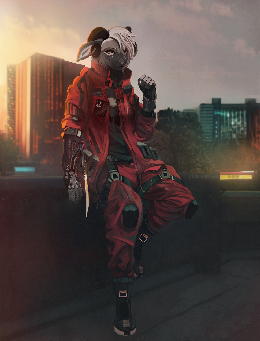 absurd_res alex-dep-998 android anthro artist_name blade bovid caprine chimera clothing cybernetics cyberpunk cyborg digital_media_(artwork) exhaust female fur goat hi_res hybrid illustration jumpsuit machine mammal mechanic prosthetic replicant robot signature sleek slim smoke solo