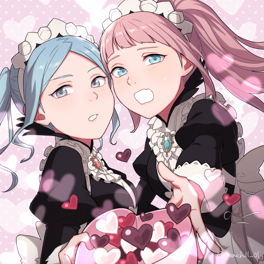 2girls absurdres apron black_dress blue_eyes blue_hair blush breasts brooch candy center_frills chocolate commentary dress english_commentary felicia_(fire_emblem) fire_emblem fire_emblem_fates flora_(fire_emblem) food forehead frills grey_eyes heart heart-shaped_chocolate highres jewelry juliet_sleeves long_hair long_sleeves looking_at_viewer maid maid_headdress medium_breasts multiple_girls oerba_yun_fang open_mouth outstretched_arm peach11_01 pink_hair ponytail puffy_sleeves reaching reaching_towards_viewer siblings sisters skin_fang sweatdrop twins twintails twitter_username upper_body valentine waist_apron white_apron