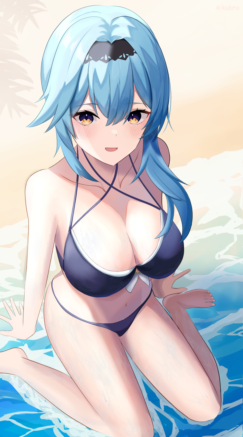 absurdres blue_hair breasts cleavage eula_(genshin_impact) female genshin_impact hair_ornament highres large_breasts looking_at_viewer navel nmek4544 ocean open_mouth sitting smile solo sweat yellow_eyes