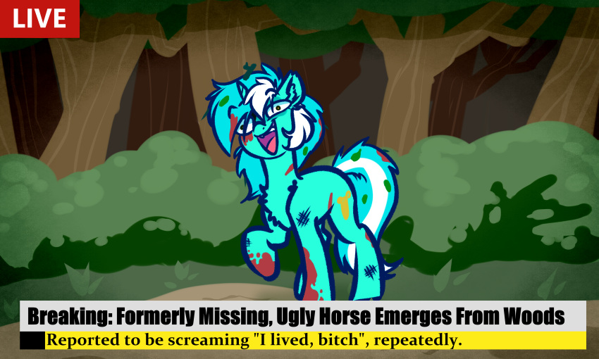 2021 5:3 absurd_res chest_tuft dirty english_text equid equine female feral filth forest friendship_is_magic hasbro hi_res horn inner_ear_fluff leaves_in_hair looking_at_viewer lyra_heartstrings_(mlp) mammal my_little_pony mythological_creature mythological_equine mythology news open_mouth outside plant profanity solo text tree tuft unicorn witchtaunter