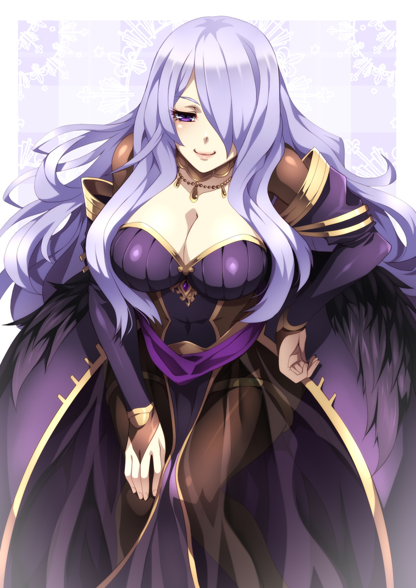 absurdres alternate_costume balasdan breasts bridal_gauntlets camilla_(fire_emblem) cleavage commentary commission cosplay dress english_commentary female fire_emblem fire_emblem_awakening fire_emblem_fates fire_emblem_heroes hand_on_lap hand_on_own_hip highres jewelry large_breasts looking_at_viewer necklace pantyhose purple_eyes purple_hair simple_background smile solo tharja_(bridal)_(fire_emblem) tharja_(fire_emblem) tharja_(fire_emblem)_(cosplay) wedding_dress