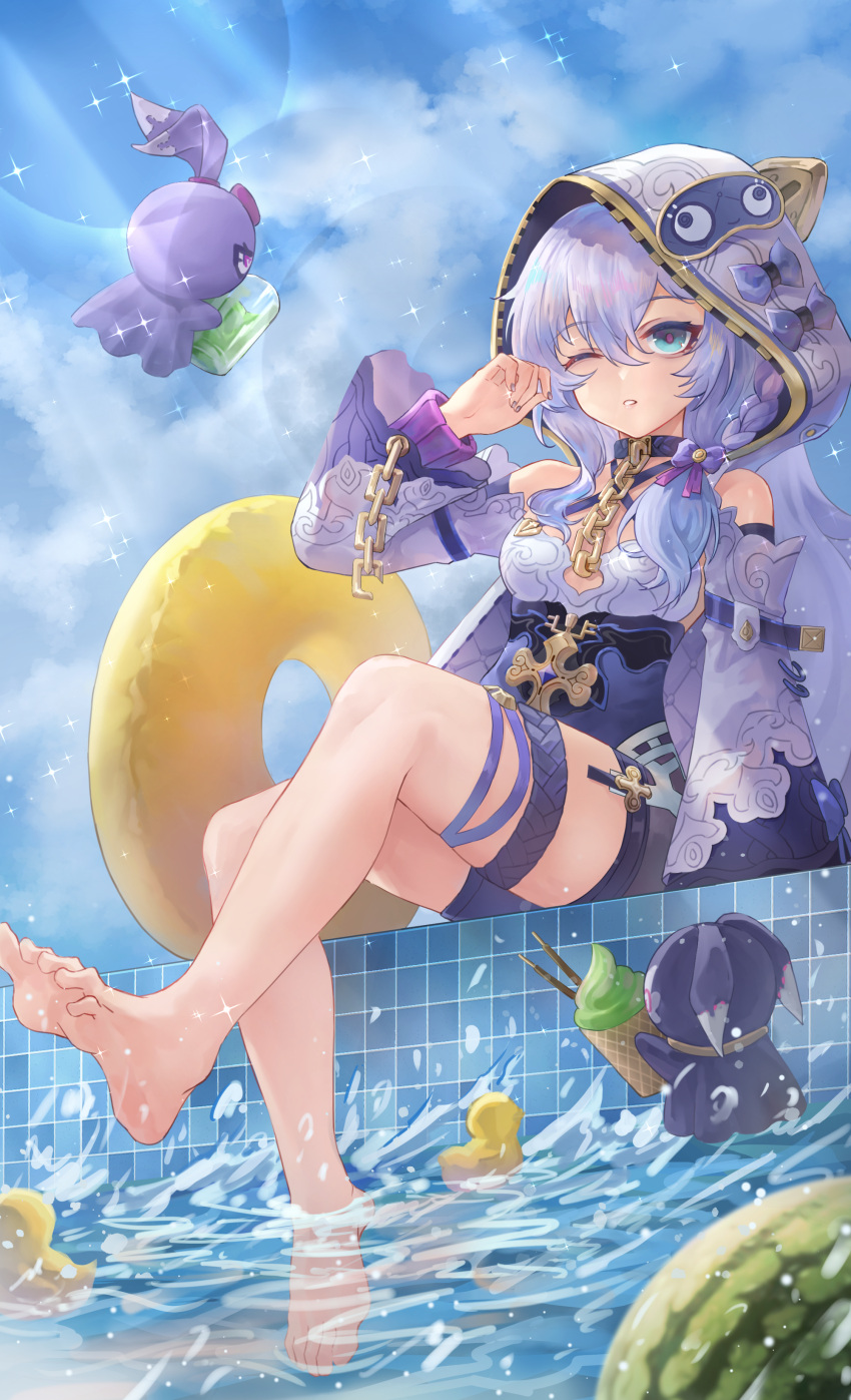 absurdres animal_hood bare_legs barefoot blue_eyes blue_sky bodysuit breasts cat_hood chain_around_neck chains cleavage cup detached_sleeves floating floating_object food highres holding holding_cup holding_food holding_ice_cream honkai_(series) honkai_impact_3rd hood ice_cream long_hair long_sleeves meme one_eye_closed partially_submerged pool purple_bodysuit rubber_duck sky small_breasts stuffed_toy teri_derp_(meme) theresa_apocalypse theresa_apocalypse_(schicksal's_imperative) thigh_strap thighs user_ygwf7527 white_hair white_hood