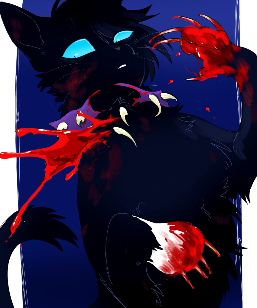 absurdres animal animal_focus black_cat black_fur blood blood_on_face blue_background blue_eyes border claws collar commentary_request feline highres nikunan no_humans partial_commentary pawpads purple_collar scourge_(warrior_cats) simple_background slit_pupils solo spiked_collar spikes tail the_prophecies_begin warrior_cats whiskers white_border