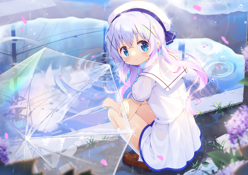 beret blue_eyes blue_hair blush closed_mouth commentary_request crossed_bangs female from_behind gochuumon_wa_usagi_desu_ka? hair_ornament hat kafuu_chino legs_together loafers long_hair looking_at_viewer looking_back outdoors petals puffy_short_sleeves puffy_sleeves reflection reflective_water sailor_collar shirt shoes short_sleeves skirt smile solo squatting taku_michi transparent transparent_umbrella umbrella water white_beret white_sailor_collar white_shirt white_skirt x_hair_ornament