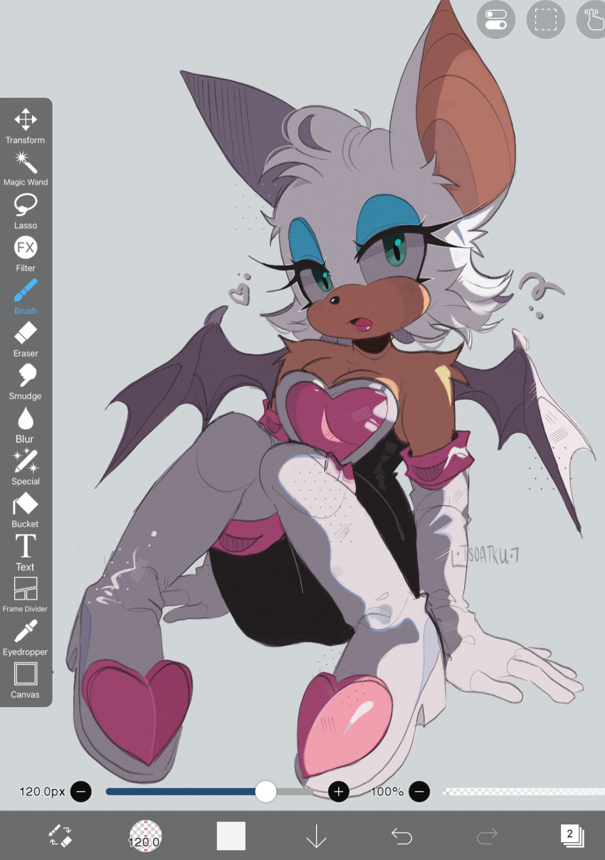 animal_ears aqua_eyes art_program_in_frame ass bat_ears bat_girl bat_wings blue_eyeshadow boots breasts cleavage commentary elbow_gloves english_commentary eyeshadow female furry furry_female gloves grey_background heart highres kumothz large_breasts lipstick makeup open_mouth parted_lips pink_lips rouge_the_bat simple_background sitting sonic_(series) thigh_boots white_footwear white_fur white_gloves wings