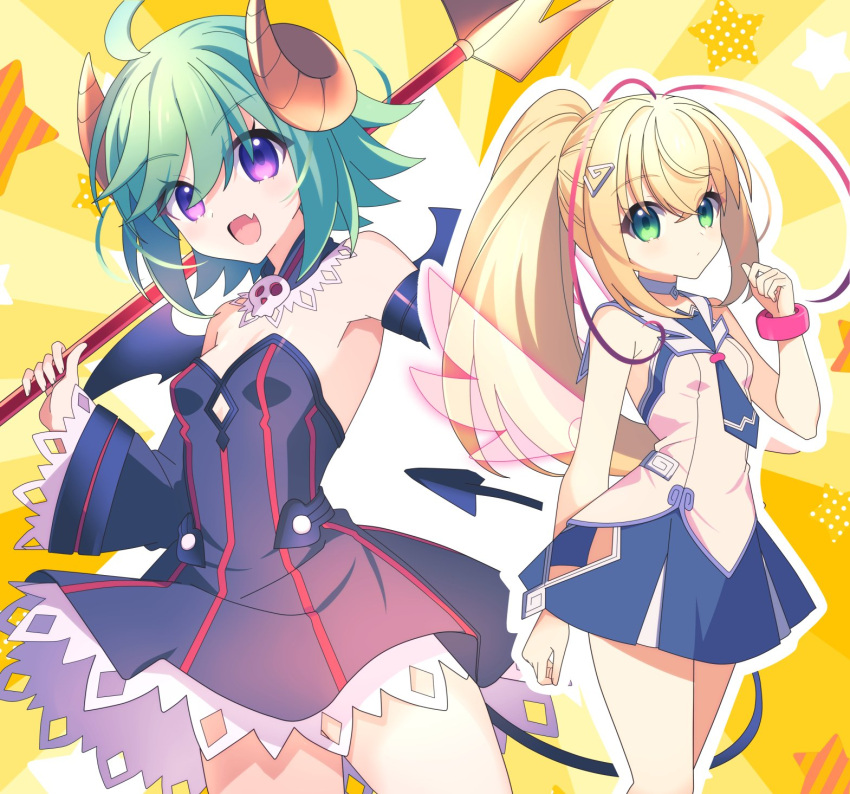 2girls ahoge antenna_hair azure_striker_gunvolt azure_striker_gunvolt_2 bare_shoulders black_dress black_wings blonde_hair blue_skirt breasts cosplay demon_girl demon_horns demon_tail demon_wings detached_wings dress ekoro_(galgun) ekoro_(galgun)_(cosplay) gal_gun_(series) green_eyes green_hair high_ponytail highres holding holding_polearm holding_weapon horns kurona_(galgun) kurona_(galgun)_(cosplay) lololotton long_hair lumen_(gunvolt) multicolored_hair multiple_girls oerba_yun_fang pink_hair pink_wings polearm purple_eyes roro_(gunvolt) shirt short_hair skin_fang skirt sleeveless sleeveless_shirt small_breasts strapless strapless_dress tail transparent_wings two-tone_hair weapon white_shirt wings