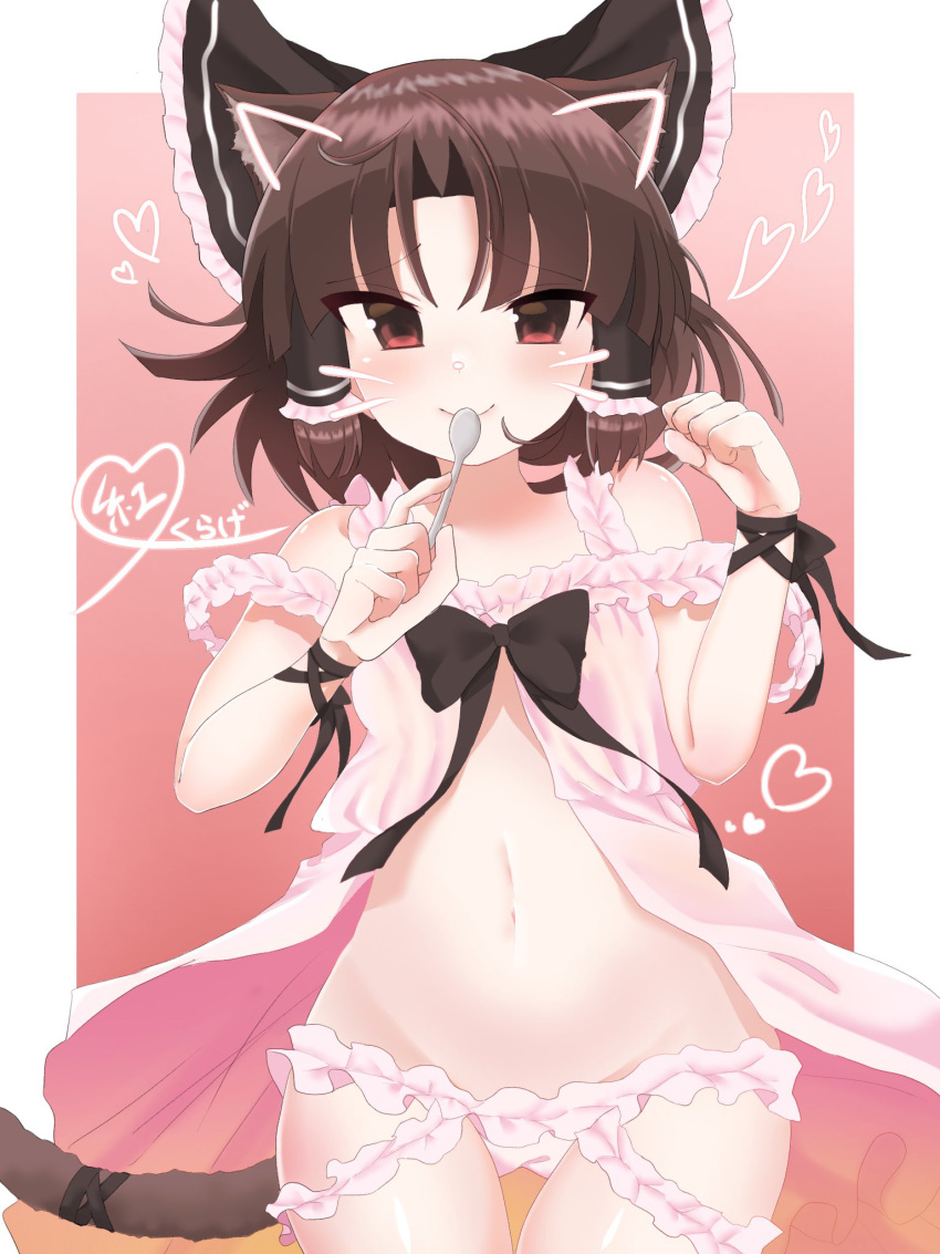 alternate_costume animal_ears babydoll benikurage_(cookie) black_bow black_bowtie blush bow bowtie brown_eyes brown_hair cat_ears cat_girl cat_tail closed_mouth commentary_request cookie_(touhou) cowboy_shot drawn_ears drawn_whiskers female flat_chest frilled_babydoll frilled_bow frilled_hair_tubes frilled_panties frills gradient_background gyaku_(kuriya) hair_tubes hairbow hakurei_reimu highres holding holding_spoon kemonomimi_mode looking_at_viewer medium_bangs navel panties parted_bangs pink_babydoll pink_background pink_panties sidelocks smile solo spoon tail touhou underwear