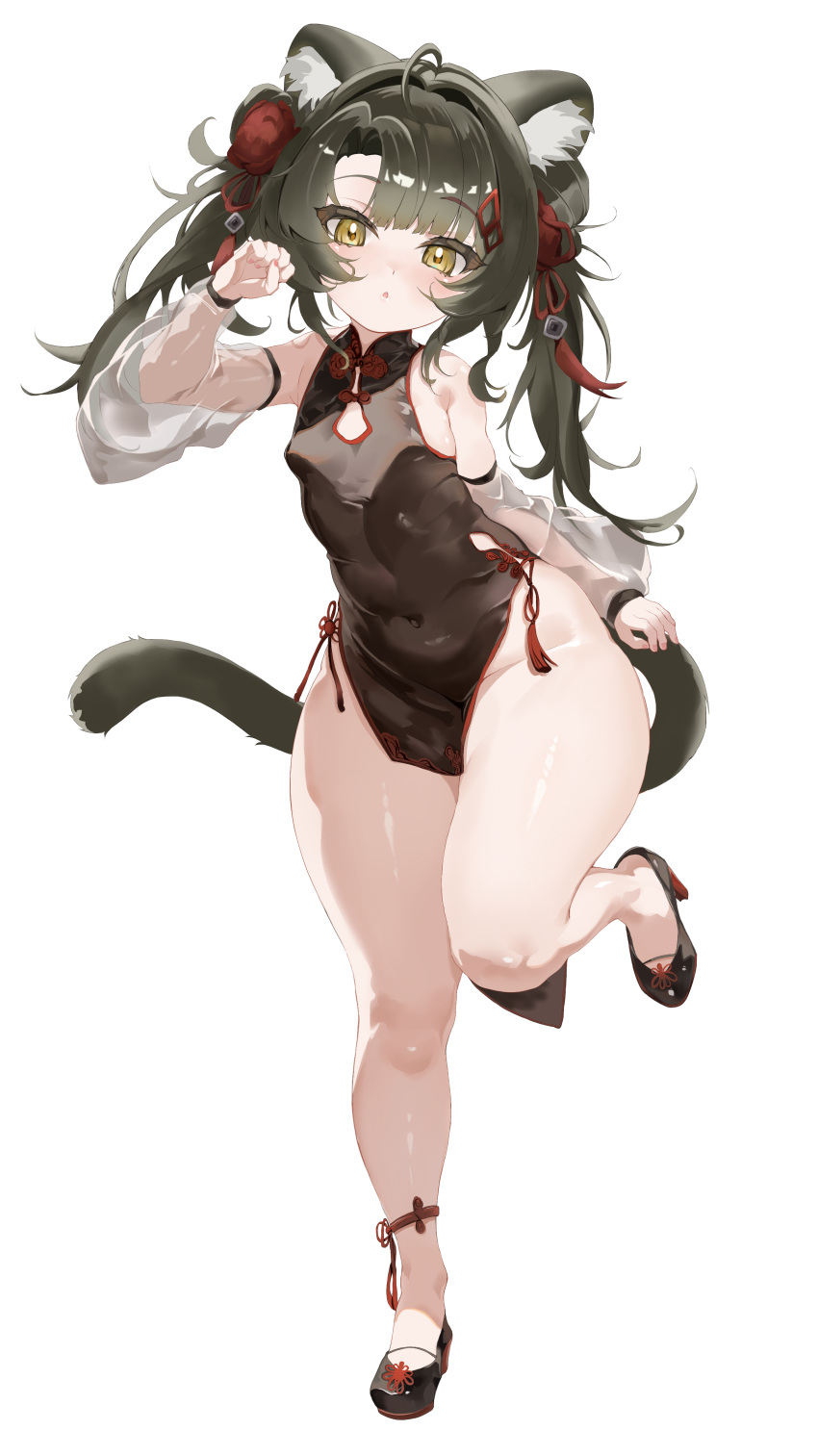 :o absurdres alternate_body_size animal_ear_fluff animal_ears arknights bare_shoulders black_dress black_footwear black_hair breasts cat_ears cat_tail china_dress chinese_clothes clenched_hand covered_navel detached_sleeves dot_nose dress female full_body hair_ornament hand_up high_heels highres long_hair looking_at_viewer mandragora_(arknights) medium_bangs no_panties see-through see-through_sleeves simple_background sleeveless sleeveless_dress small_breasts solo standing standing_on_one_leg straight_hair tail twintails white_background wide_hips wo_henduo_rou yellow_eyes