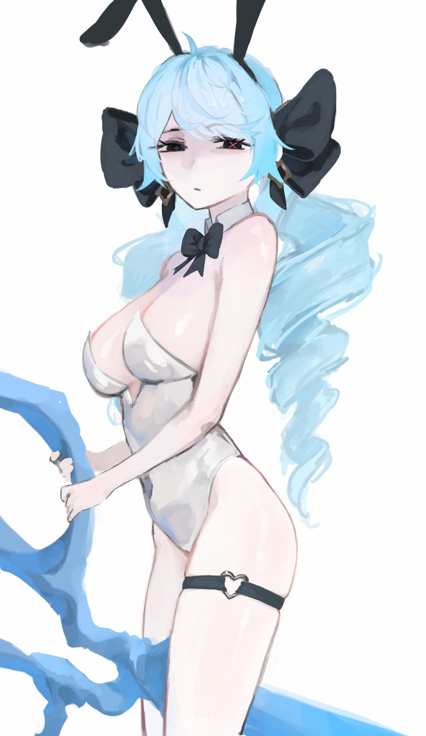 absurdres alternate_costume animal_ears black_bow black_bowtie bow bowtie breasts detached_collar drill_hair fake_animal_ears female grey_leotard gwen_(league_of_legends) hairbow highres holding holding_scissors large_breasts league_of_legends leotard oversized_object pijabuldalg playboy_bunny rabbit_ears scissors shiny_skin solo thigh_strap twin_drills twintails