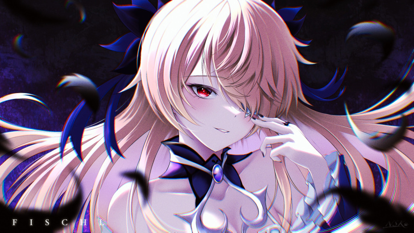 bare_shoulders black_feathers black_nails blonde_hair breasts character_name chromatic_aberration cleavage collarbone eyepatch feathers female fischl_(ein_immernachtstraum)_(genshin_impact) fischl_(genshin_impact) genshin_impact hair_over_one_eye hand_up highres jewelry looking_at_viewer medium_breasts nail_polish nisikm official_alternate_costume portrait red_eyes ring signature smile solo