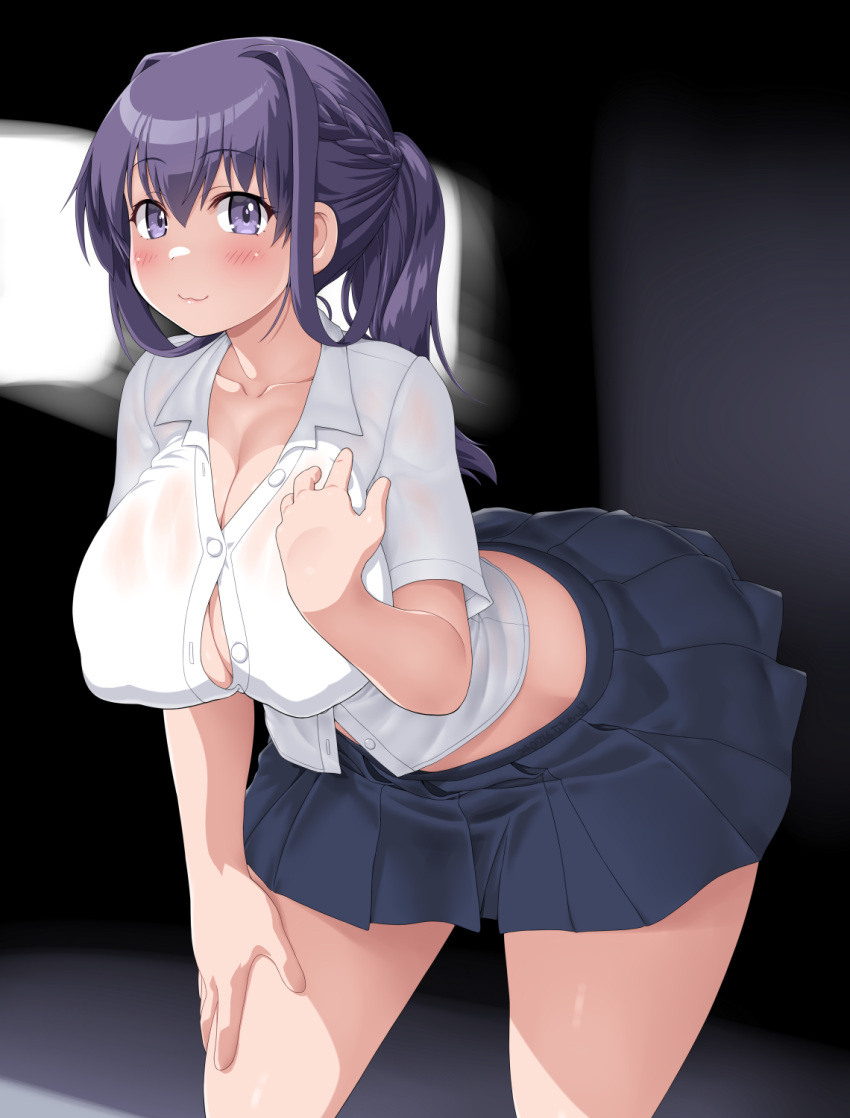 :3 braid breasts cleavage covered_nipples crown_braid dd_(ijigendd) female hair_rings highres large_breasts looking_at_viewer miniskirt original pleated_skirt ponytail purple_eyes purple_hair shirt skirt smile solo white_shirt