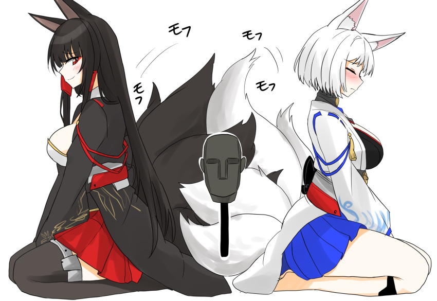 2girls akagi_(azur_lane) animal_ears asmr azur_lane binaural_microphone blue_skirt fox_ears fox_girl fox_tail highres ibuki_(tulta_icon) kaga_(azur_lane) kneeling microphone moai multiple_girls red_eyes red_skirt skirt smile tail white_background white_hair