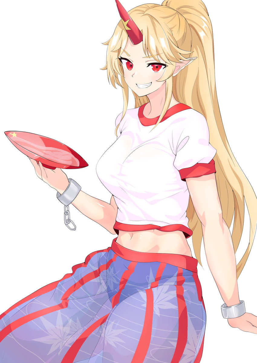 blonde_hair blue_skirt breasts chains commentary_request cuffs cup female grin highres holding holding_cup horns hoshiguma_yuugi kurapi_pref large_breasts leaf_print long_hair maple_leaf_print midriff navel nose parted_bangs pointy_ears ponytail red_eyes red_horns sakazuki see-through see-through_skirt shackles shirt short_sleeves sidelocks single_horn skirt smile solo star_(symbol) striped_clothes striped_skirt t-shirt touhou v-shaped_eyebrows vertical-striped_clothes vertical-striped_skirt very_long_hair white_background white_shirt