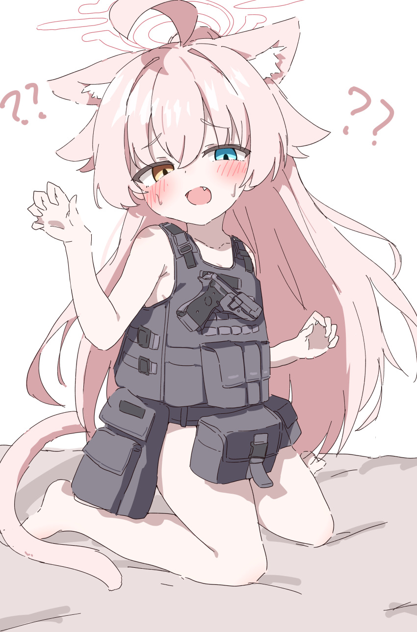 ? ?? absurdres ahoge animal_ear_fluff animal_ears bare_legs barefoot beretta_92 blue_archive blue_eyes blush bulletproof_vest cat_ears cat_girl claw_pose commentary empty_eyes female full_body gun halo handgun hands_up heterochromia highres hoshino_(armed)_(blue_archive) hoshino_(blue_archive) kemonomimi_mode kneeling long_hair looking_at_viewer natsukari_na oerba_yun_fang open_mouth pink_hair pink_halo simple_background solo sweatdrop weapon white_background yellow_eyes