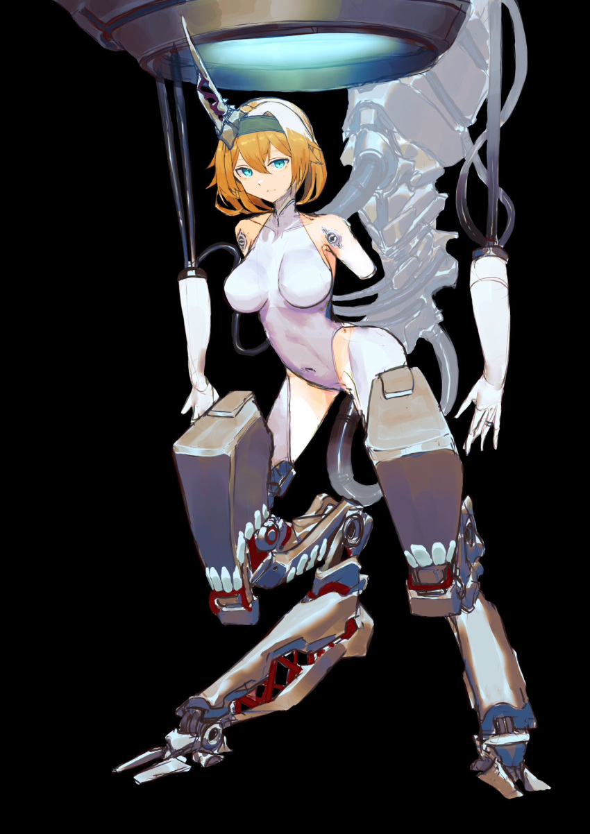 amputee android black_background blue_eyes breasts commentary_request digitigrade double_amputee female full_body highres horns kasanomaya large_breasts leotard looking_at_viewer mechanical_horns mechanical_legs orange_hair original short_hair single_horn solo standing white_leotard