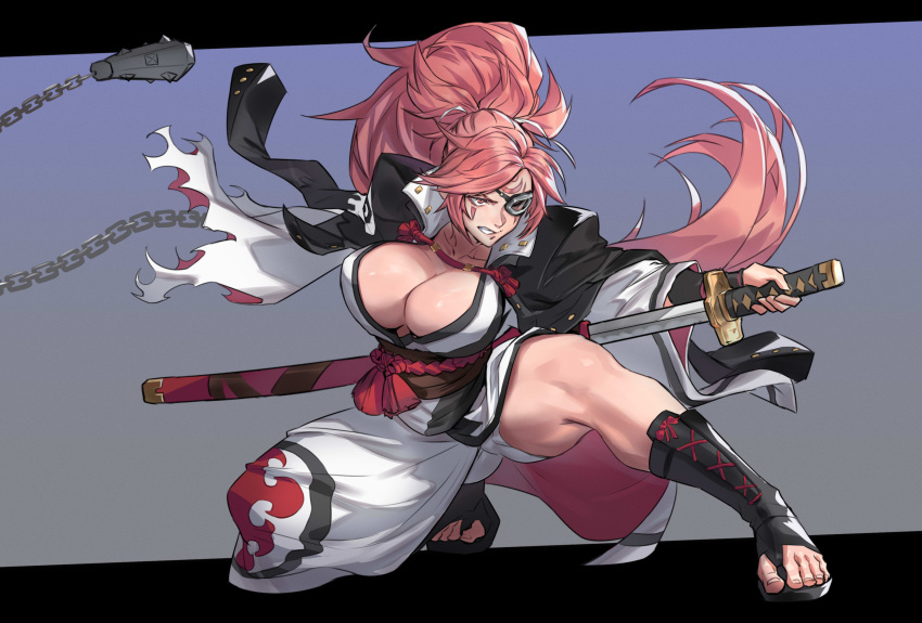 animal_ears armor baiken breasts clenched_teeth collarbone commentary_request female goggles greaves guilty_gear guilty_gear_strive highres holding holding_sword holding_weapon japanese_clothes juaag_acgy katana kimono large_breasts long_hair muscular muscular_female pink_eyes pink_hair red_rope rope rope_belt sandals sash sheath sidelocks simple_background solo squatting sword teeth thick_thighs thighs unsheathing weapon white_kimono