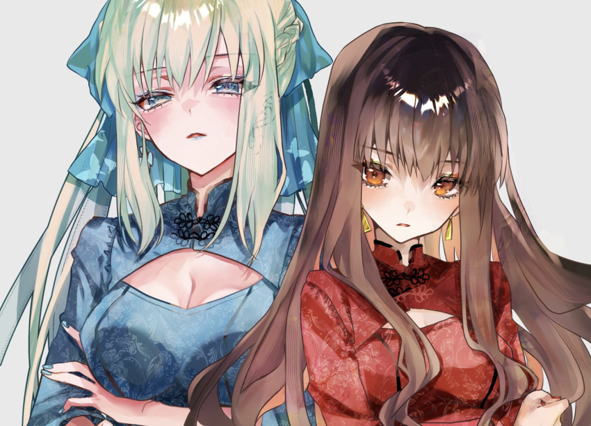 2girls alternate_costume arm_under_breasts artist_name blue_eyes blue_nails braid breasts brown_hair cleavage cleavage_cutout clothing_cutout commentary_request curly_hair earrings expressionless fate/extra fate/grand_order fate_(series) fingernails hand_on_own_arm ishikawa_yui jewelry kishinami_hakuno_(female) large_breasts long_hair long_sleeves looking_at_viewer morgan_le_fay_(fate) multiple_girls nail_polish orange_eyes parted_lips ponytail sidelocks togashi_(choco-bakama_kitchen) twitter_username upper_body voice_actor_connection