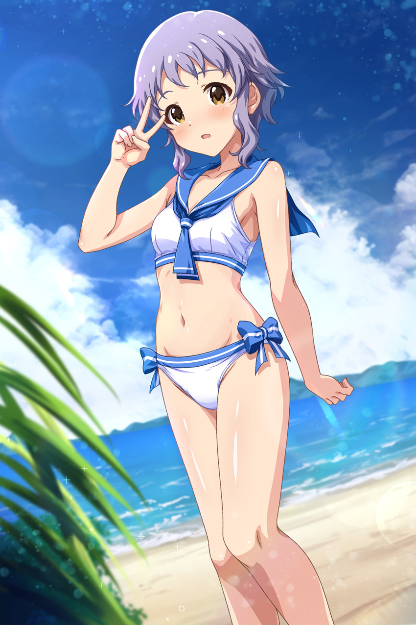 :o beach bikini blue_bow blue_neckerchief blue_sailor_collar blue_sky blush bow breasts cloud collarbone commentary_request day female hand_up highres idolmaster idolmaster_million_live! legs looking_at_viewer makabe_mizuki navel neckerchief ocean outdoors plant purple_hair rocktaso_co_ltd sailor_collar sailor_swimsuit_(idolmaster) short_hair sidelocks sky small_breasts solo stomach swimsuit thighs v wavy_hair white_bikini yellow_eyes