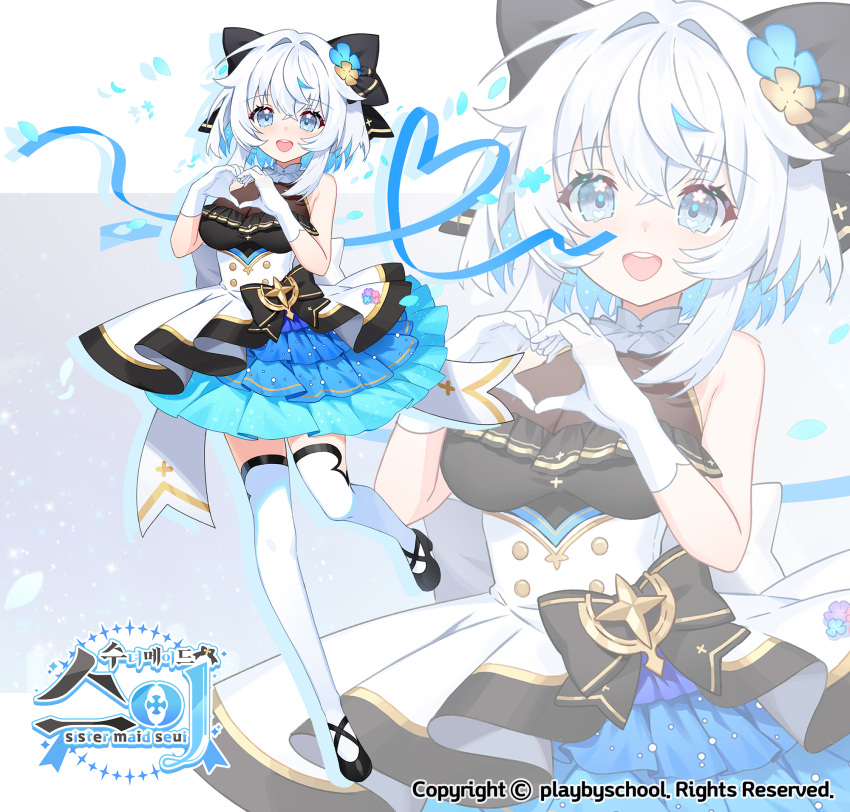 :d apple_caramel bare_shoulders black_bow black_footwear blue_flower blue_skirt bow breasts brown_flower cleavage commentary_request female flower gloves grey_eyes grey_hair hair_between_eyes hair_flower hair_intakes hair_ornament hairbow highres indie_virtual_youtuber korean_commentary layered_skirt medium_breasts pleated_skirt see-through see-through_cleavage shoes skirt smile solo standing standing_on_one_leg thighhighs tiana_suei virtual_youtuber white_gloves white_thighhighs zoom_layer