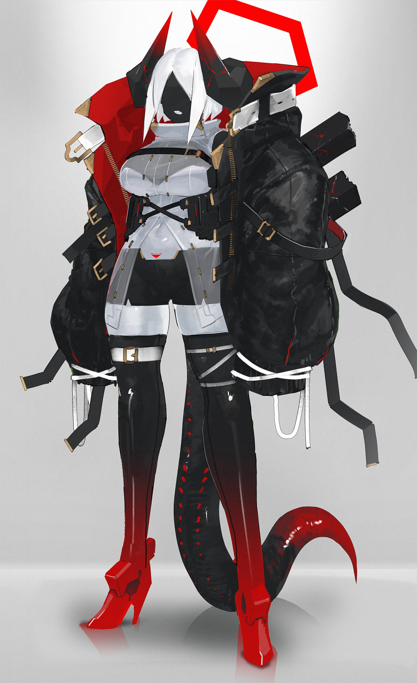 absurdres arms_at_sides black_skin boots breasts colored_skin echanis_enicha female full_body grey_background halo high_heel_boots high_heels highres horns jacket large_breasts monster_girl no_eyes open_clothes open_jacket original oversized_clothes oversized_jacket short_hair short_shorts shorts solo standing tail thigh_boots white_hair