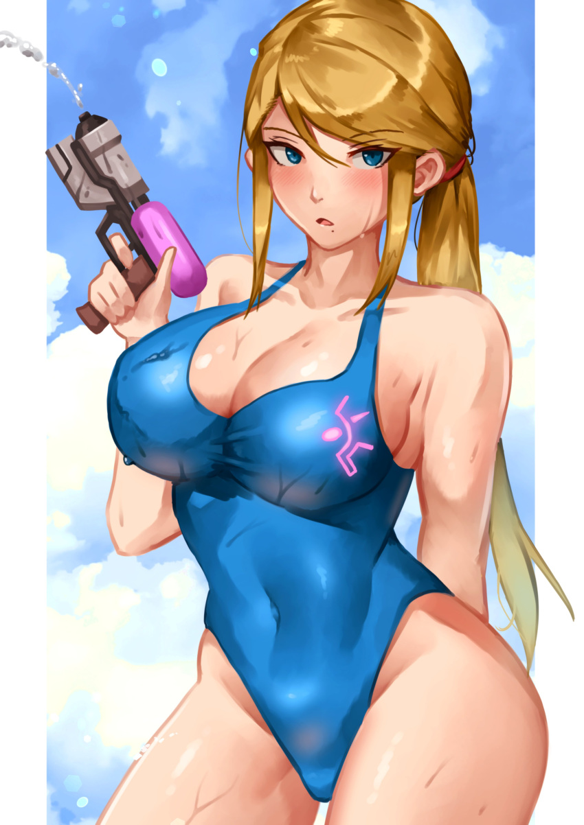 absurdres blonde_hair blue_eyes blush breasts female gun highres large_breasts looking_at_viewer metroid mole mole_under_mouth ponytail samus_aran solo swimsuit weapon yotsuha_uni zero_suit