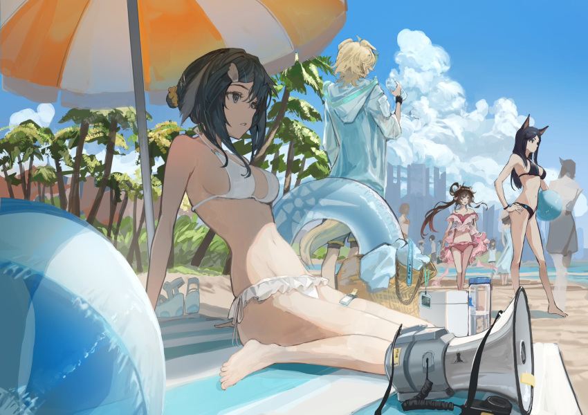 animal_ears arknights barefoot basket beach beach_mat beach_umbrella bikini black_bikini black_hair blonde_hair blue_sky bottle breasts brown_hair building cloud cooler day dobermann_(arknights) dog_boy dog_ears dog_girl dog_tail english_commentary eyjafjalla_(arknights) eyjafjalla_(summer_flower)_(arknights) frilled_bikini frills grey_eyes hair_bun hair_intakes hair_ornament hairclip hand_on_own_hip high_heels highres holding holding_bottle hood hoodie innertube kasumi_yuzuha la_pluma_(arknights) la_pluma_(summer_flowers)_(arknights) large_breasts leaning_back long_hair megaphone ocean outdoors palm_tree parted_bangs pink_bikini sand scrunchie sheep_ears sheep_girl shore short_eyebrows sideboob sidelocks sitting sky skyscraper standing swim_ring swimsuit tail tequila_(arknights) thick_eyebrows tree umbrella wariza water_bottle white_bikini wristband yellow_scrunchie