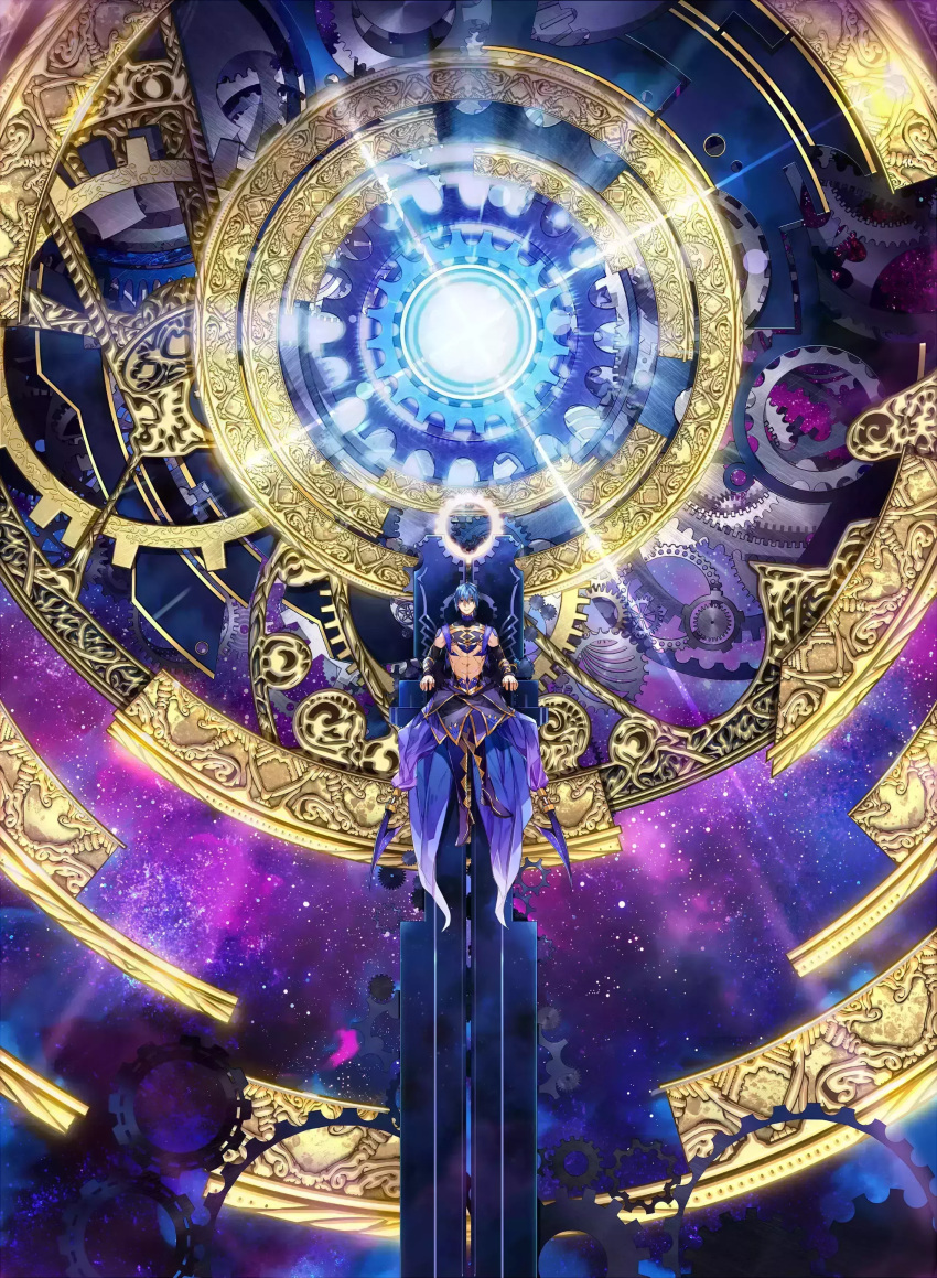 abs absurdres blue_eyes blue_hair bracelet clock crossed_legs dies_irae dies_irae_pantheon fujii_ren g_yuusuke gears gold_trim highres jewelry looking_at_viewer official_art shinza_bansho_series smile solo space star_(sky) throne waist_cape