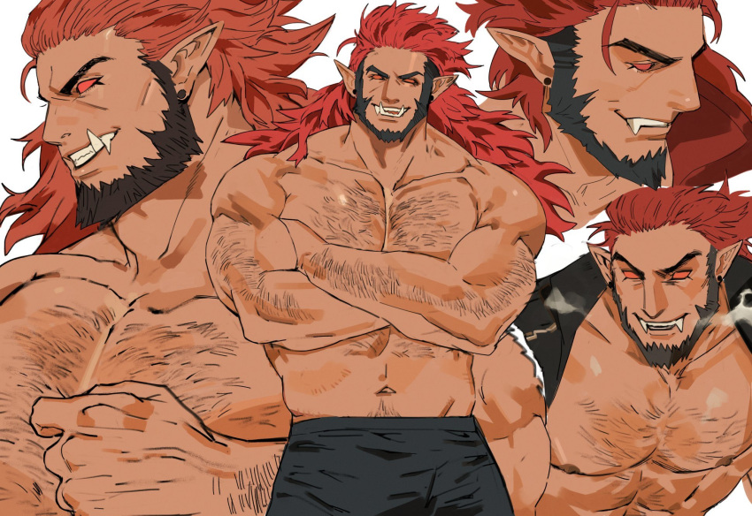 1boy bad_id bad_twitter_id bara beard body_hair cloak demon ear_piercing facial_hair gomihebi highres large_pectorals long_hair looking_at_viewer male_focus muscular muscular_male navel navel_hair nipples original pants pectorals piercing pointy_ears smile topless_male torn_cloak torn_clothes tusks