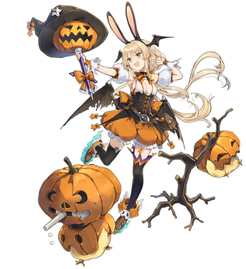 :d animal_ears artillery azur_lane backless_outfit benson_(azur_lane) benson_(cutie_pumpkin_pie)_(azur_lane) black_corset black_thighhighs blonde_hair blue_fire bow bowtie breasts brown_eyes brown_footwear center_opening cleavage corset crescent_moon cross-laced_footwear demon_wings detached_sleeves eagle_union_(emblem) fake_animal_ears female fire flying_sweatdrops frilled_shorts frills hair_ribbon halloween_costume hao_(patinnko) hat head_wings highres holding holding_staff index_finger_raised jack-o'-lantern long_hair low_twintails medium_breasts moon no_bra official_alternate_costume official_art open_mouth orange_ribbon orange_shorts pointing pointing_at_self puffy_short_sleeves puffy_shorts puffy_sleeves pumpkin ribbon short_sleeves shorts sideboob sidelocks silk smile solo spider_web staff thighhighs torn_clothes transparent_background tress_ribbon turret twintails underbust white_sleeves wings witch_hat wrist_cuffs yellow_bow yellow_bowtie yellow_trim