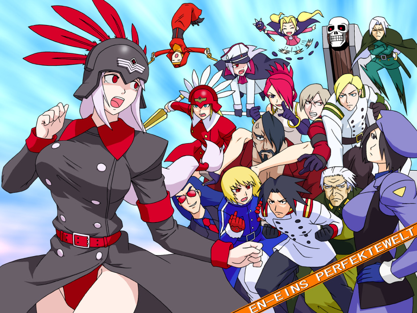 6+boys 6+girls adler_(akatsuki_blitzkampf) age_difference akatsuki_(akatsuki_blitzkampf) akatsuki_blitzkampf alternate_breast_size anger_vein angry anonym anonym_guard aoi_ship armband beard beret black_hair blitztank blonde_hair blue_hair breasts chasing closed_eyes closed_mouth coat commentary_request copyright_name crossed_arms deadpan dual_wielding elektrosoldat en-eins en-eins_perfektewelt everyone facial_hair feather_trim feathers fleeing flying fritz_(akatsuki_en-eins) gloves grey_hair gun habit hair_over_one_eye happy hat height_difference helmet highres holding jacket kanae_(akatsuki_blitzkampf) katana kati_(akatsuki_en-eins) large_breasts long_hair mace marilyn_sue_dajie medium_breasts medium_hair military military_uniform military_vehicle motor_vehicle multiple_boys multiple_girls murakumo_(akatsuki_blitzkampf) nervous nun one_eye_covered open_mouth panties perfecti pink_hair red_hair running sai_(akatsuki_en-eins) scared short_hair skull small_breasts smile smirk sunglasses sword tank tearing_up tempelritter tied_hair twintails undercut underwear uniform valkyrie valkyrja_(en-eins) weapon wei_(akatsuki_blitzkampf) white_hair