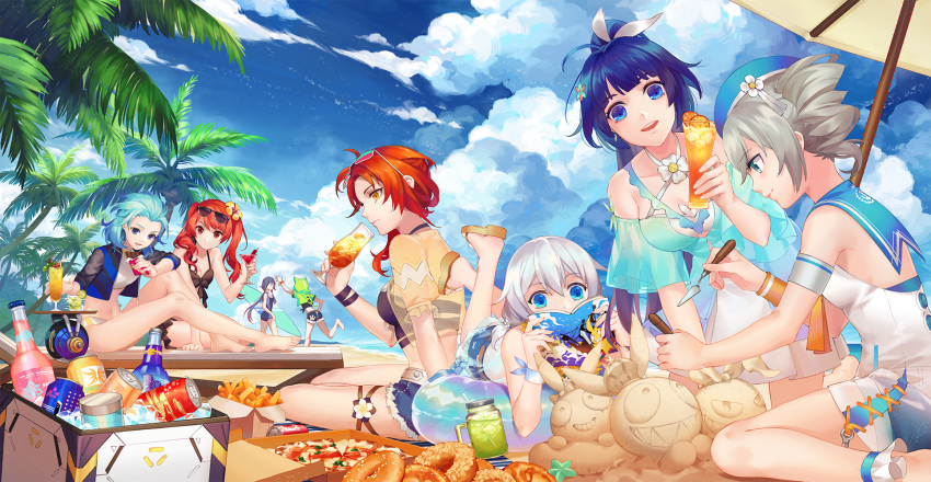 6+girls :d ahoge beach beach_umbrella beret bikini black_bikini blue_eyes blue_hair blue_sky book bronya_zaychik bronya_zaychik_(valkyrie_chariot) cloud cloudy_sky commentary_request cup day denim denim_shorts doughnut dress drill_hair drinking drinking_glass drinking_straw drone eyewear_on_head flower food frederica_nikola_tesla fu_hua green_jacket grey_eyes grey_hair hair_flower hair_ornament hat highres holding holding_book holding_cup holding_surfboard homu_(honkai_impact) honkai_(series) honkai_impact_3rd ice jacket juice kiana_kaslana kiana_kaslana_(knight_moonbeam) legs_up lieserl_albert_einstein loot_box lying mizuya multiple_girls murata_himeko murata_himeko_(scarlet_fusion) on_floor on_stomach one-piece_swimsuit orange_juice outdoors palm_tree pizza ponytail raiden_mei raiden_mei_(lightning_empress) red_eyes red_hair sailor_collar sand see-through short_sleeves shorts sitting sky smile soda sundress sunglasses surfboard swimsuit theresa_apocalypse theresa_apocalypse_(valkyrie_pledge) tree twintails umbrella white_bikini white_hair yellow_eyes yellow_jacket