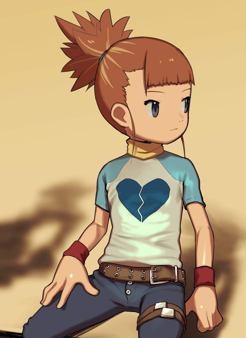 2equal8 belt brown_hair closed_mouth commentary denim digimon digimon_tamers female highres jeans makino_ruki pants ponytail purple_eyes raglan_sleeves shirt short_hair wristband