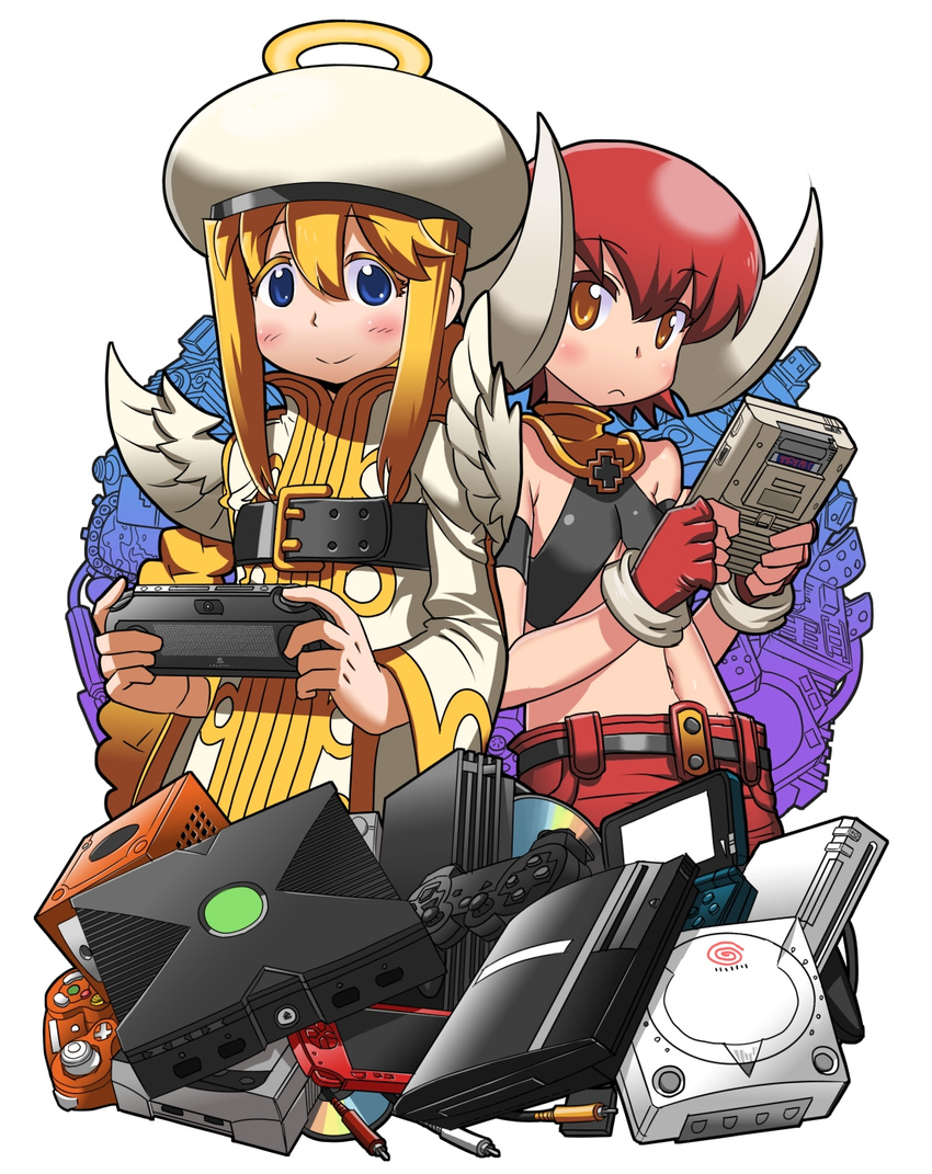 2girls bad_id bad_tumblr_id bare_shoulders belt_bra blonde_hair blue_eyes blush cable controller denshi_yuugi_mokushiroku dualshock eleca fingerless_gloves game_boy game_boy_(original) game_console game_controller gamecube gamepad gloves halo halterneck handheld_game_console hat highres horns long_hair matsuda_yuusuke midriff mini_wings multiple_girls nintendo_3ds playing_games playstation_1 playstation_2 playstation_3 playstation_controller playstation_portable playstation_vita red_hair sega_dreamcast sega_saturn short_hair tesera wii wings xbox yellow_eyes