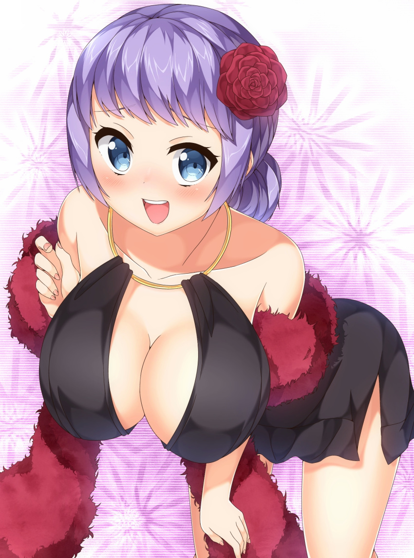 bare_shoulders blue_eyes blush breasts carina_(one_piece) cleavage commentary_request dress feather_boa female flower hair_bun hair_flower hair_ornament highres large_breasts one_piece one_piece_film:_gold open_mouth purple_hair shinki_(user_srrn2727) single_hair_bun solo teeth