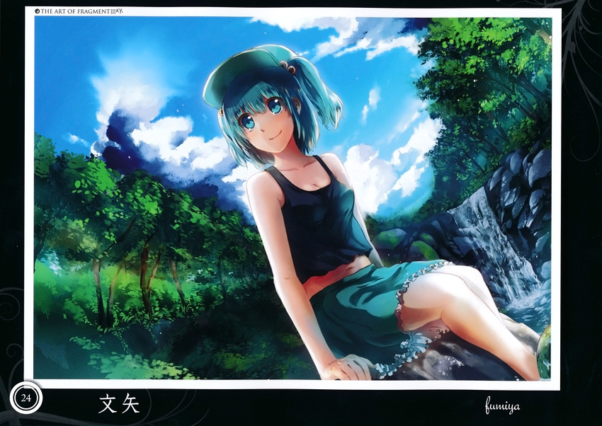 alternate_costume artist_name ayaya bare_shoulders blue_eyes blue_hair blue_sky cloud day female forest frilled_skirt frills hair_bobbles hair_ornament hat highres kawashiro_nitori midriff nature navel outdoors photoshop_(medium) rock scan shirt short_hair sitting skirt sky smile solo tank_top touhou tree two_side_up water waterfall