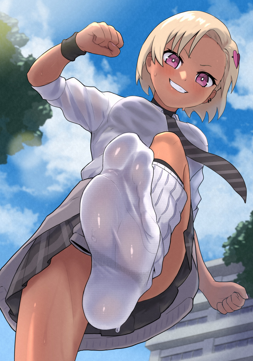 absurdres black_necktie black_skirt blonde_hair blush breasts bright_pupils clothes_around_waist commentary_request dark-skinned_female dark_skin ear_piercing feet female foot_focus foot_out_of_frame grin gyaru highres kogal looking_at_viewer loose_socks medium_breasts necktie no_shoes original outdoors piercing pink_eyes plaid_clothes plaid_skirt school_uniform shirt short_hair skirt sleeves_rolled_up smile socks soles solo stepped_on sweat sweatband sweater sweater_around_waist tan teeth urin_(littleurin) white_pupils white_shirt