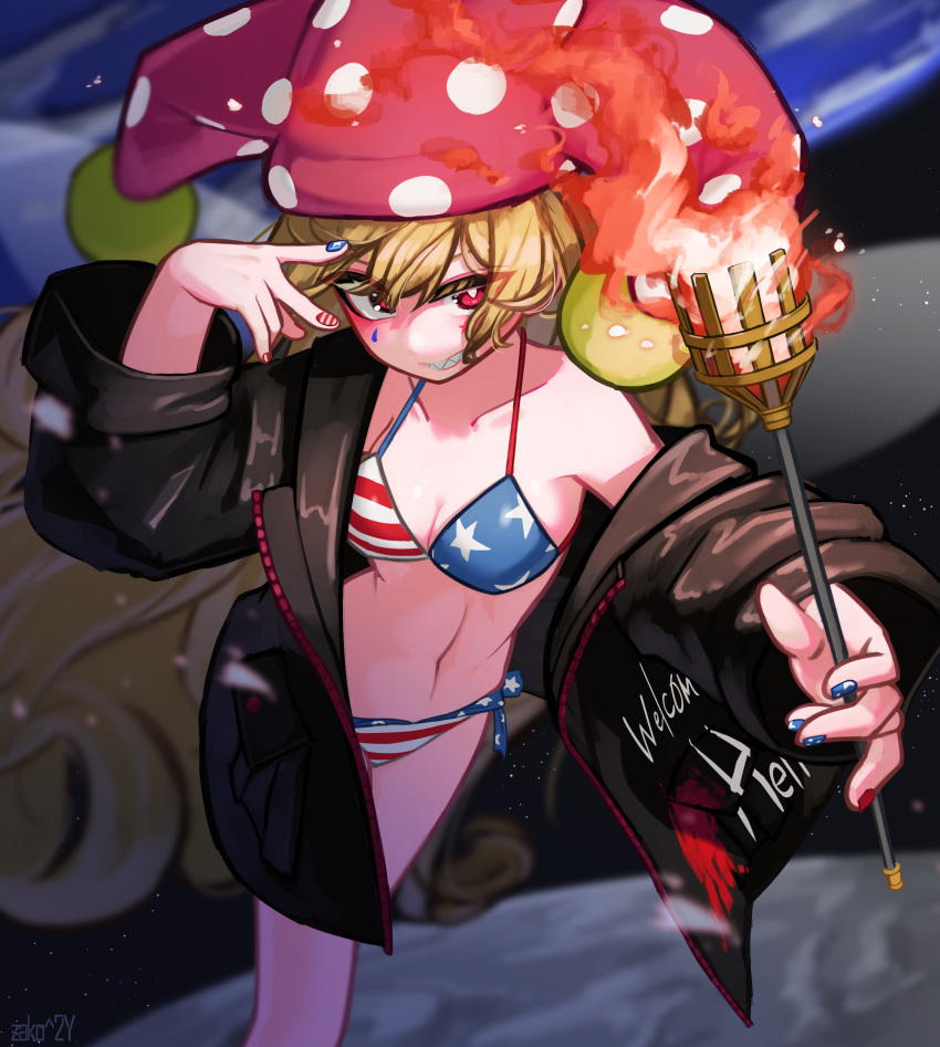 absurdres adapted_costume american_flag american_flag_bikini american_flag_print bikini black_jacket blonde_hair breasts clothes_writing clownpiece collarbone commentary_request cosplay crossed_legs earth_(planet) facial_mark female fire flag_nails flag_print grin hat hecatia_lapislazuli hecatia_lapislazuli_(cosplay) highres jacket jester_cap long_hair looking_at_viewer moon nail_polish navel outdoors pink_eyes planet polka_dot_headwear print_bikini purple_hat sharp_teeth side-tie_bikini_bottom small_breasts smile solo space star_(symbol) star_facial_mark swimsuit teardrop_facial_mark teeth torch touhou zakozako_y