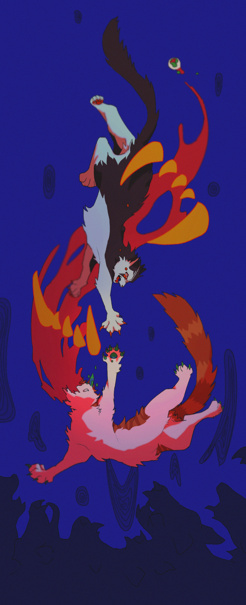 abstract absurdres animal animal_focus blood blue_background brightheart canine claws commentary_request crying eyeball falling feline highres minamia23 no_humans pawpads red_eyes silhouette simple_background swiftpaw tail tears teeth the_prophecies_begin warrior_cats