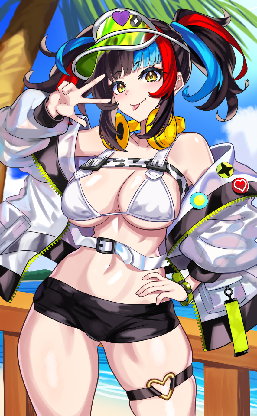 absurdres bikini breasts fate/grand_order fate_(series) female hand_on_own_hip headphones headphones_around_neck highres jacket large_breasts micro_shorts multicolored_hair navel nez-box sei_shounagon_(fate) sei_shounagon_(swimsuit_berserker)_(fate) shorts swimsuit thigh_strap tongue tongue_out twintails v visor_cap white_bikini white_jacket yellow_eyes