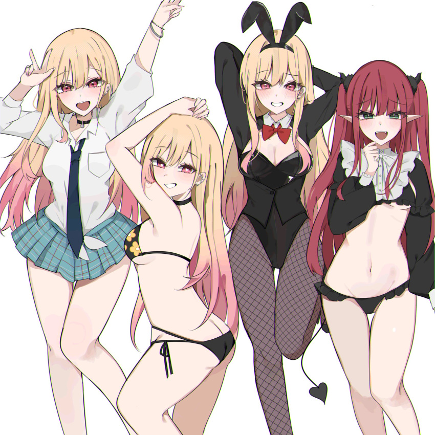 :d animal_ears aqua_skirt arms_behind_back arms_up ass bikini black_bikini black_choker black_leotard blonde_hair blue_necktie blush bow bowtie breasts choker cosplay cowboy_shot demon_horns demon_tail fake_animal_ears female fishnet_pantyhose fishnets floral_print green_eyes hands_on_own_head highres horns kitagawa_marin large_breasts leotard long_hair long_sleeves looking_at_viewer medium_breasts multicolored_hair navel necktie pantyhose parted_lips pink_hair pleated_skirt pointy_ears rabbit_ears red_bow red_bowtie red_eyes red_hair rizu-kyun rizu-kyun_(cosplay) school_uniform shirt simple_background skirt smile sono_bisque_doll_wa_koi_wo_suru swimsuit tail tied_shirt traditional_bowtie two-sided_fabric two-tone_hair underboob v very_long_hair waimoniku white_background white_shirt