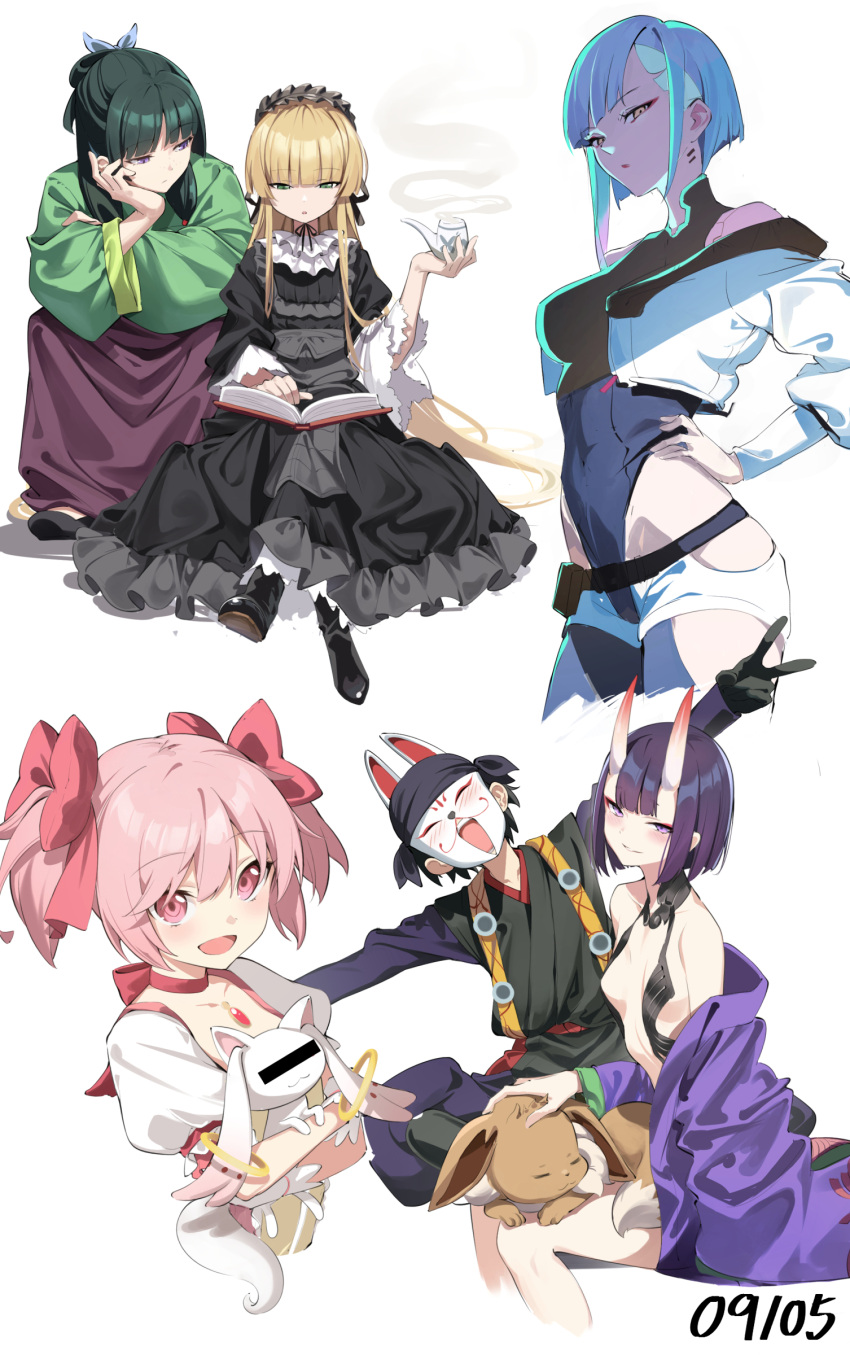 1boy 5girls absurdres blonde_hair book breasts commentary cyberpunk_(series) cyberpunk_edgerunners eevee fate/grand_order fate_(series) gosick gothic_lolita green_hair highres holding holding_smoking_pipe horns japanese_clothes kaname_madoka kazama_genba kimono kusuriya_no_hitorigoto kyuubee lolita_fashion long_hair lucy_(cyberpunk) magical_girl mahou_shoujo_madoka_magica maomao_(kusuriya_no_hitorigoto) mask multiple_girls navel nige_jouzu_no_wakagimi oni open_mouth pink_hair pokemon shuten_douji_(fate) sitting skin-covered_horns small_breasts smile smoking_pipe spider_apple victorica_de_blois voice_actor_connection yuuki_aoi