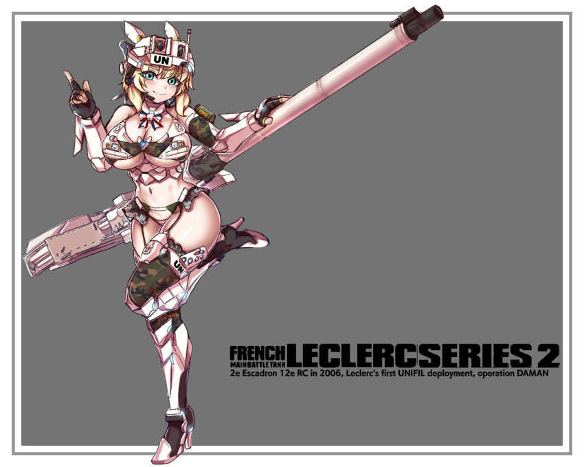 armored_boots bincan blonde_hair boots bow bra breasts bridal_gauntlets camouflage camouflage_bra camouflage_panties camouflage_thighhighs detached_collar female fingerless_gloves frills gauntlets gloves green_eyes headset high_heel_boots high_heels highres large_breasts leclerc_(personification) looking_at_viewer navel original panties personification short_hair underwear united_nations