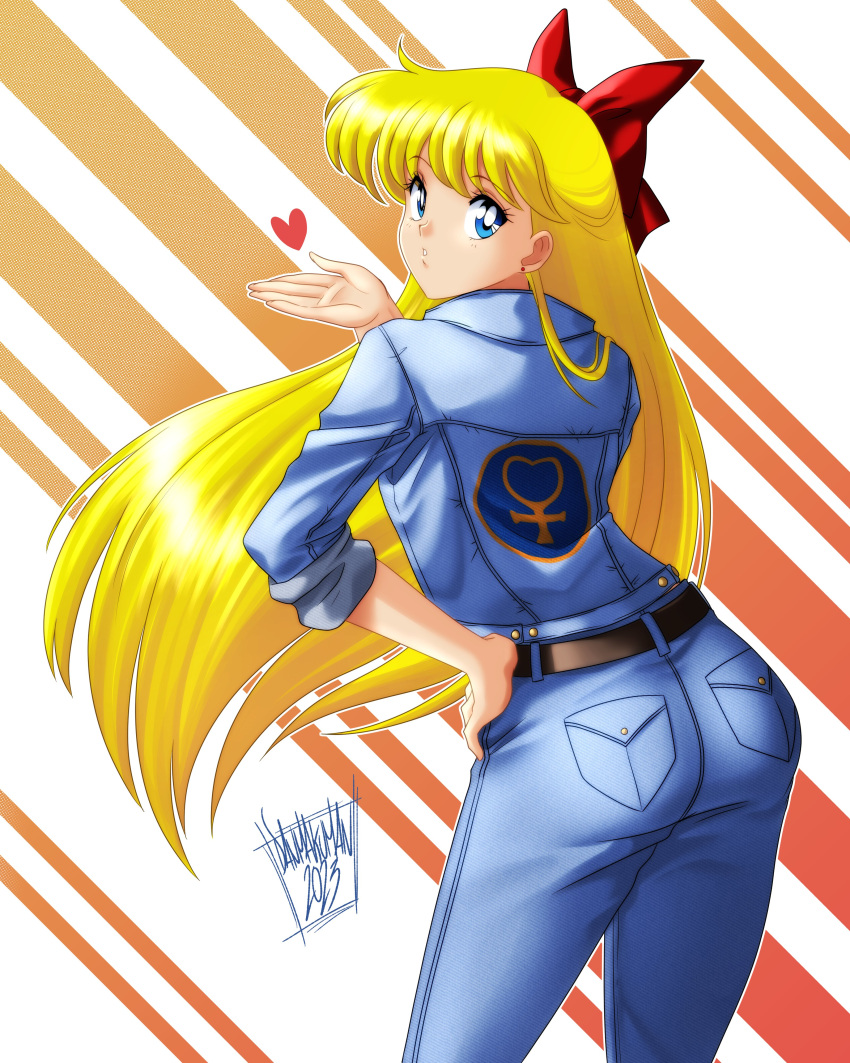 absurdres aino_minako ass bishoujo_senshi_sailor_moon blonde_hair blowing_kiss blue_eyes bow danmakuman denim female hairbow heart highres jacket jeans long_hair looking_at_viewer looking_back pants red_bow solo