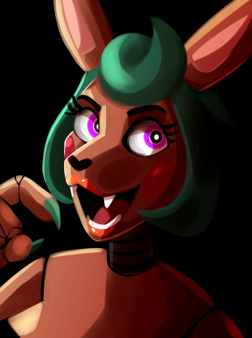 animatronic anthro black_background black_nose bust_portrait claws eyelashes fangs female finger_claws front_view green_claws green_hair hair hi_res imperatorcaesar machine open_mouth open_smile orange_body pink_eyes portrait red_tongue robot simple_background smile solo teeth tongue