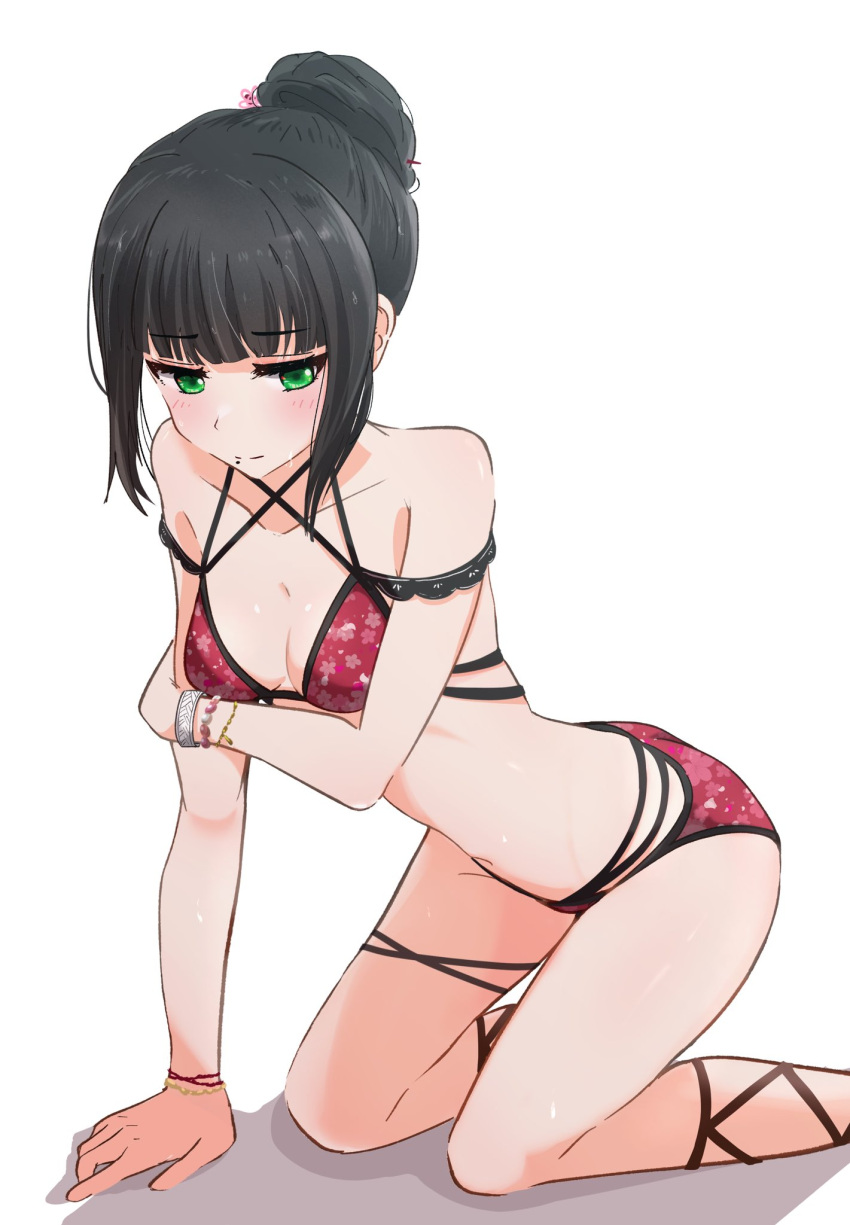 arm_support bikini black_hair blunt_bangs blush breasts cleavage closed_mouth collarbone commentary feet_out_of_frame female green_eyes hair_bun hand_on_own_arm highres kneeling kurosawa_dia kurosawa_dia_(dengeki_g's_poster_swimsuit) love_live! love_live!_sunshine!! medium_breasts mole mole_under_mouth multi-strapped_bikini_bottom multi-strapped_bikini_top official_alternate_costume red_bikini short_hair sidelocks sideways_glance simple_background single_hair_bun solo split_mouth swimsuit white_background yunite68