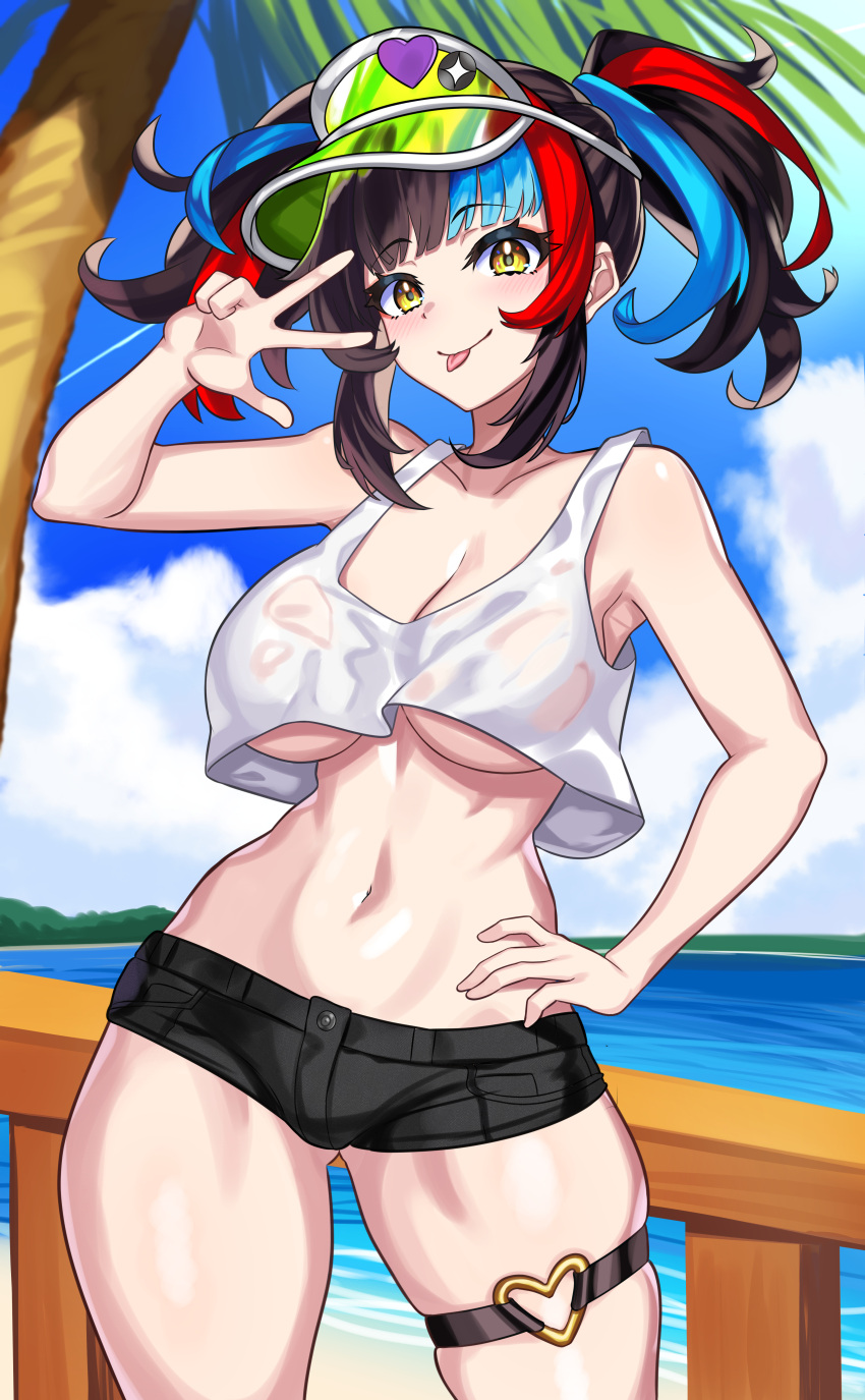 absurdres breasts crop_top fate/grand_order fate_(series) female hand_on_own_hip headphones headphones_around_neck highres large_breasts micro_shorts multicolored_hair navel nez-box sei_shounagon_(fate) sei_shounagon_(swimsuit_berserker)_(fate) shorts thigh_strap tongue tongue_out twintails underboob v visor_cap yellow_eyes