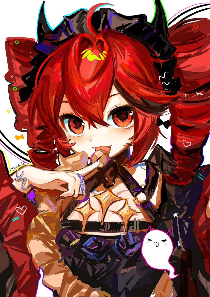 :3 ahoge artist_name black_horns blush commentary_request cookie demon_horns drill_hair fake_horns fingernails food frilled_sleeves frills hair_between_eyes halloween_costume heart highres holding holding_cookie holding_food horns kasane_teto oerba_yun_fang open_mouth red_eyes red_hair red_nails sharp_fingernails sidelocks tanglaoban1225 twin_drills upper_body utau white_background wide_sleeves