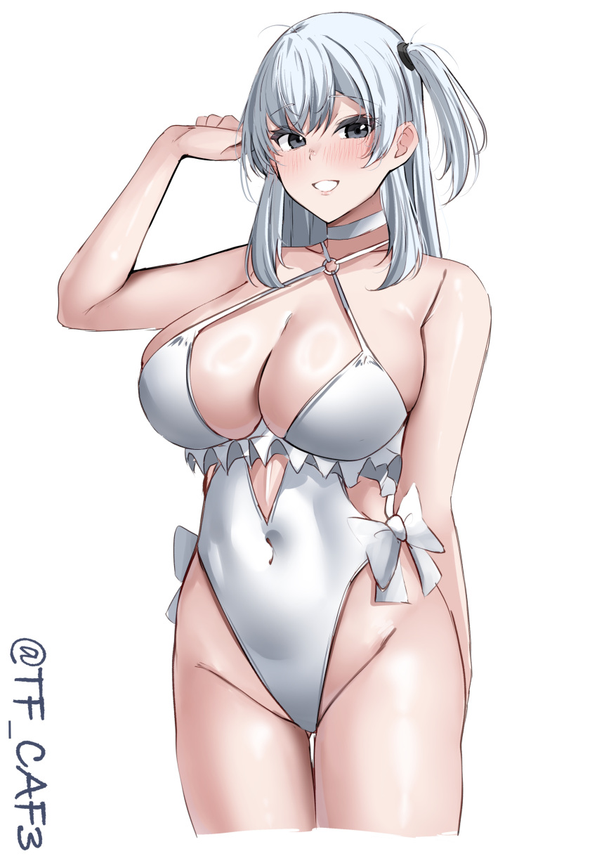 absurdres blush breasts casual_one-piece_swimsuit choker cosplay cowboy_shot female frilled_one-piece_swimsuit frills grey_eyes grey_hair hair_between_eyes hair_ornament highleg highleg_one-piece_swimsuit highres kantai_collection large_breasts long_hair looking_at_viewer one-piece_swimsuit one_side_up sagiri_(kancolle) sagiri_(kancolle)_(cosplay) sagiri_kai_(swimsuit_mode)_(kancolle) side-tie_swimsuit smile solo suzutsuki_(kancolle) swimsuit tf_cafe twitter_username white_background white_choker white_one-piece_swimsuit